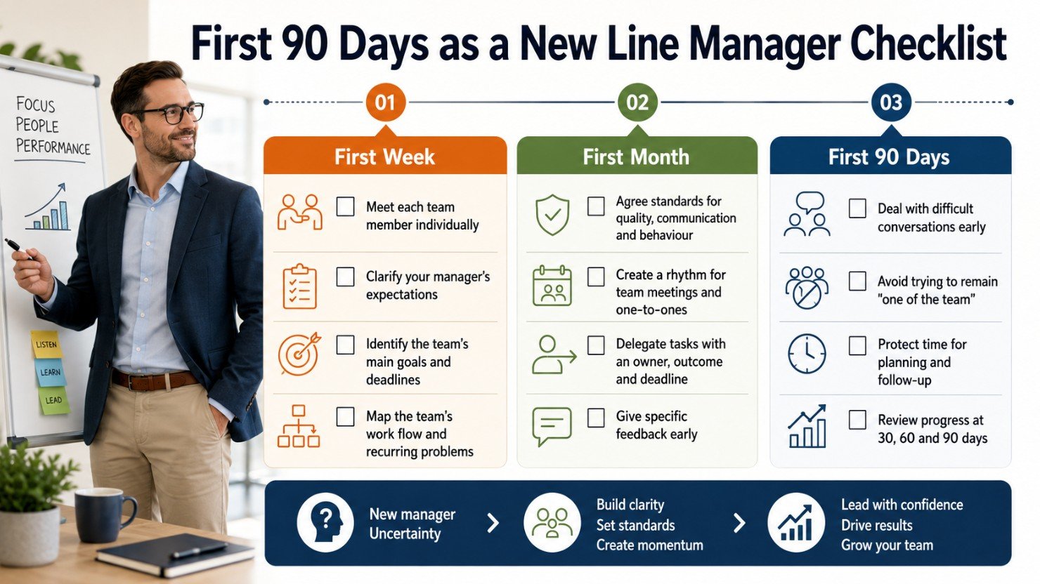 Infographic showing a first 90 days checklist for new line managers, split into first week, first month and first 90 days actions.