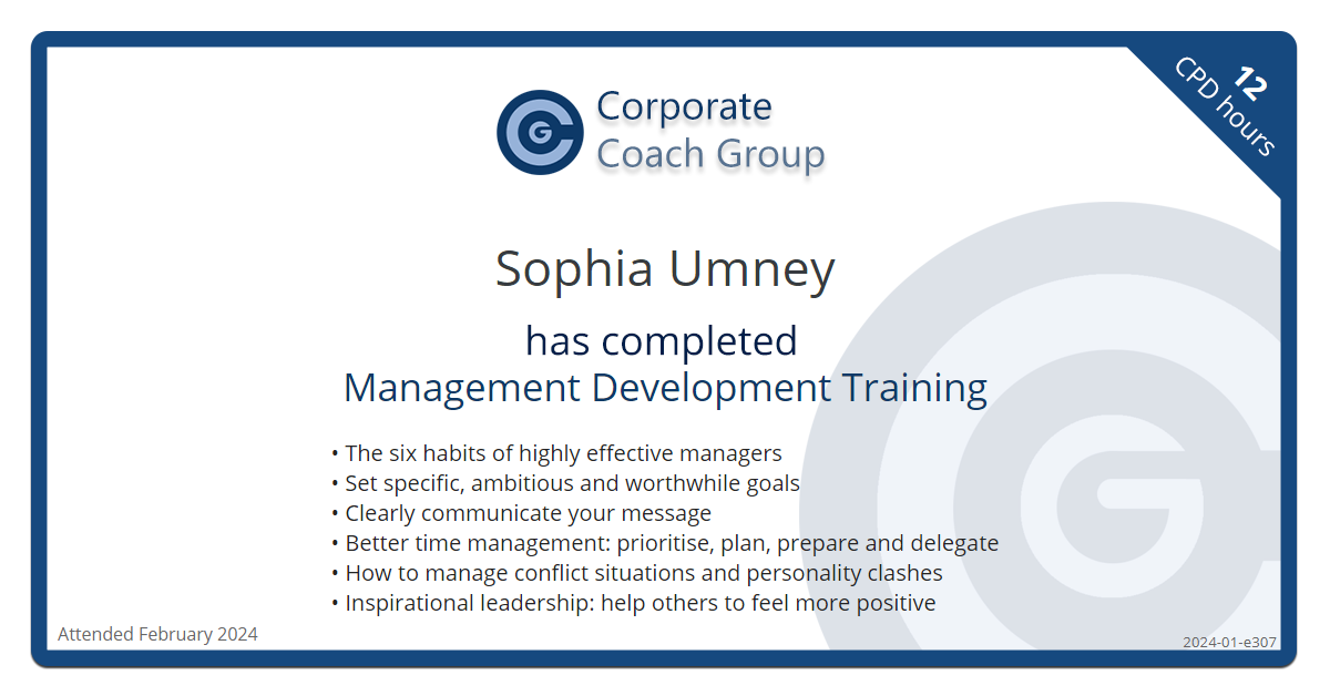 Certificate for Sophia Umney - Management Development Training, completed February 2024