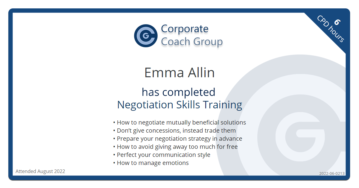 Certificate for Emma Allin - Negotiation Skills Training, completed August 2022