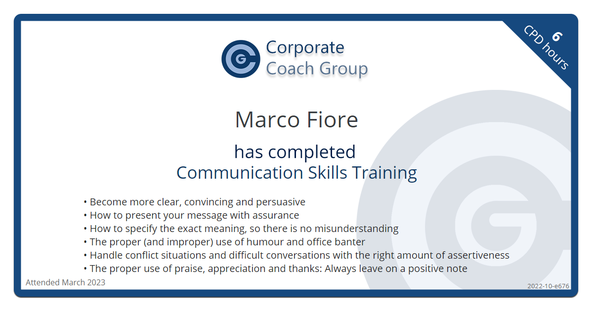 Certificate for Marco Fiore - Communication Skills Training, completed March 2023