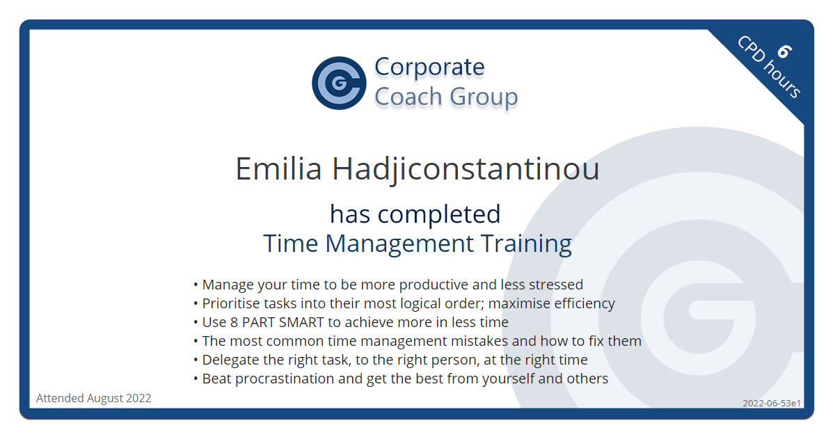 Certificate for Emilia Hadjiconstantinou - Time Management Training, completed August 2022