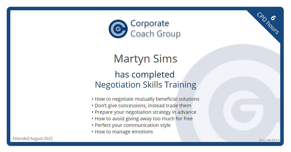 Certificate for Martyn Sims - Negotiation Skills Training, completed August 2022