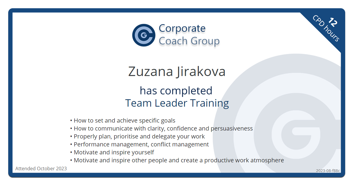 Certificate for Zuzana Jirakova - Team Leader Training, completed October 2023