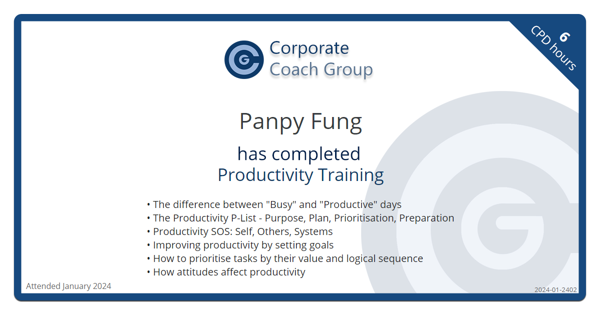 Certificate for Panpy Fung - Productivity Training, completed January 2024