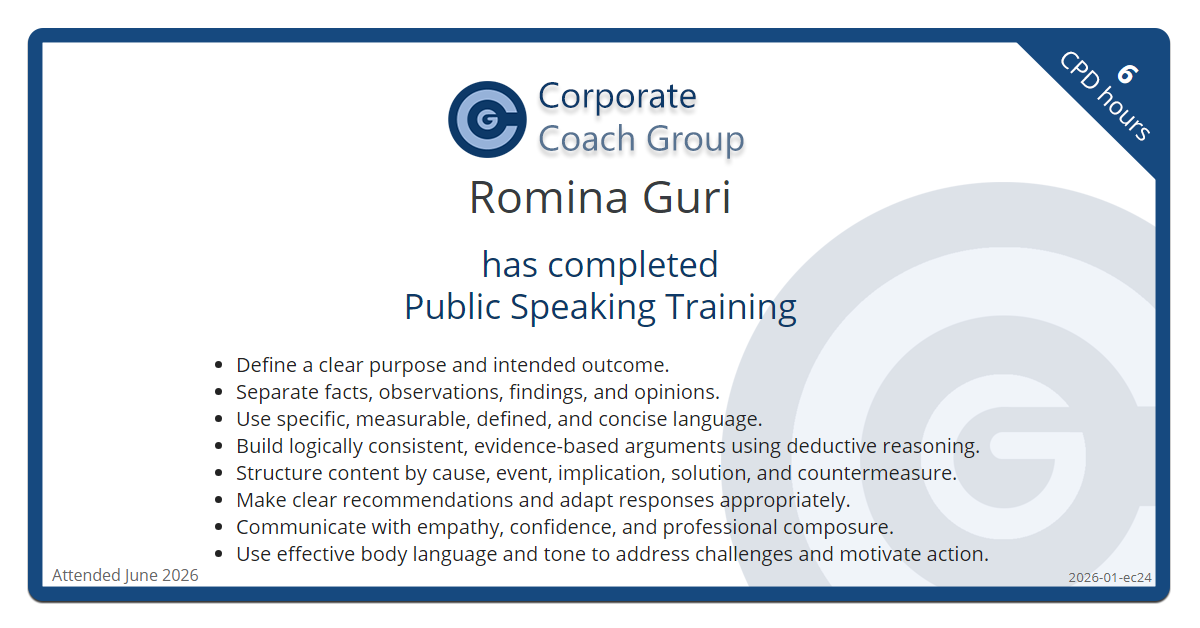 Certificate for Romina Guri - Public Speaking Training ~ ECB, completed June 2026