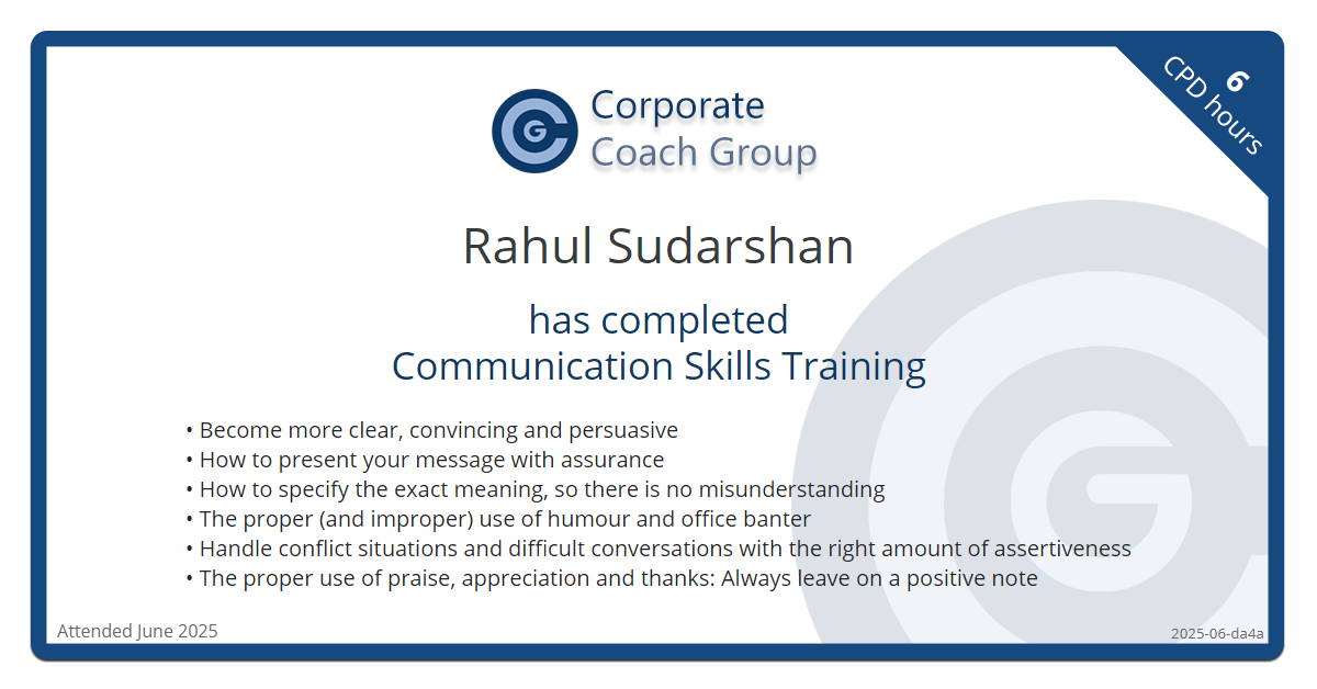 Certificate for Rahul Sudarshan - Communication Skills Training, completed June 2025