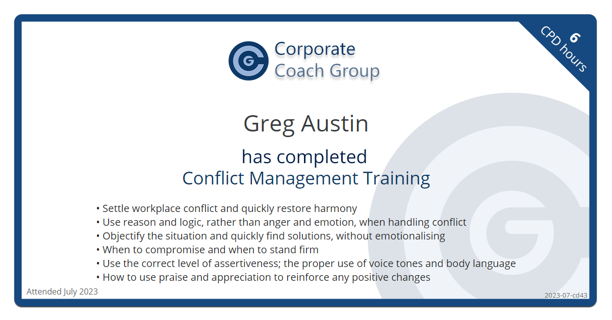 Certificate for Greg Austin - Conflict Management Training, completed July 2023