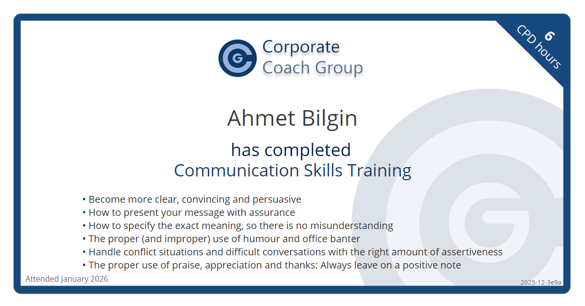 Certificate for Ahmet Bilgin - Communication Skills Training, completed January 2026