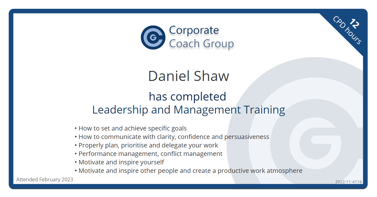 Certificate for Daniel Shaw - Leadership and Management Training, completed February 2023