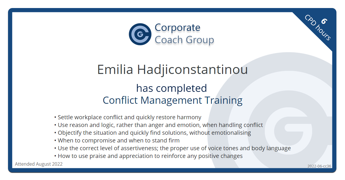 Certificate for Emilia Hadjiconstantinou - Conflict Management Training, completed August 2022