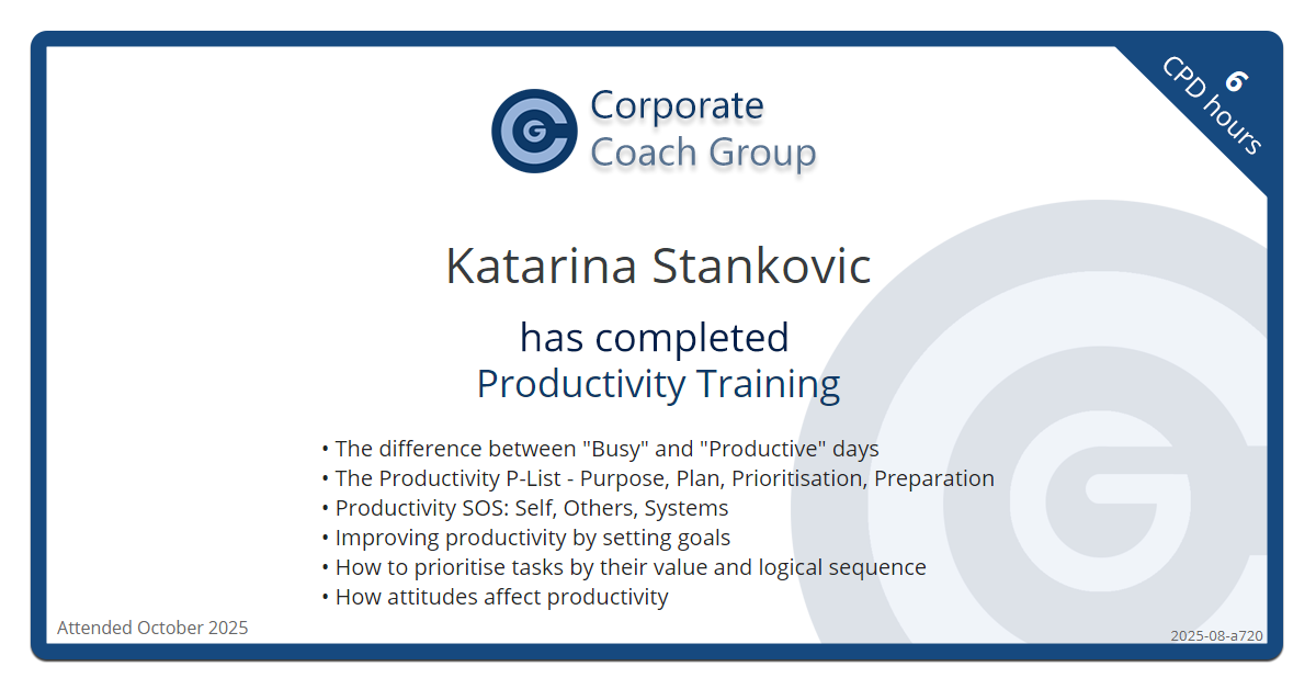 Certificate for Katarina Stankovic - Productivity Training, completed October 2025
