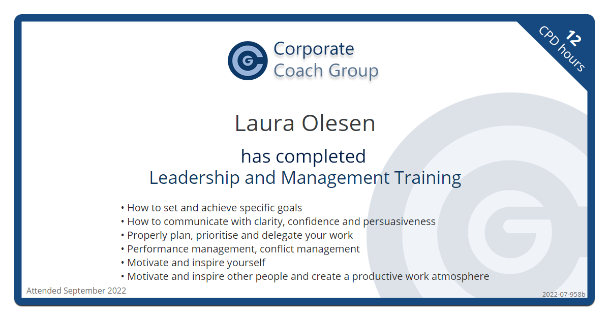 Certificate for Laura Olesen - Leadership and Management Training, completed September 2022