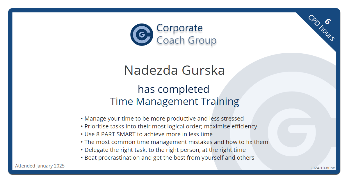 Certificate for Nadezda Gurska - Time Management Training, completed January 2025