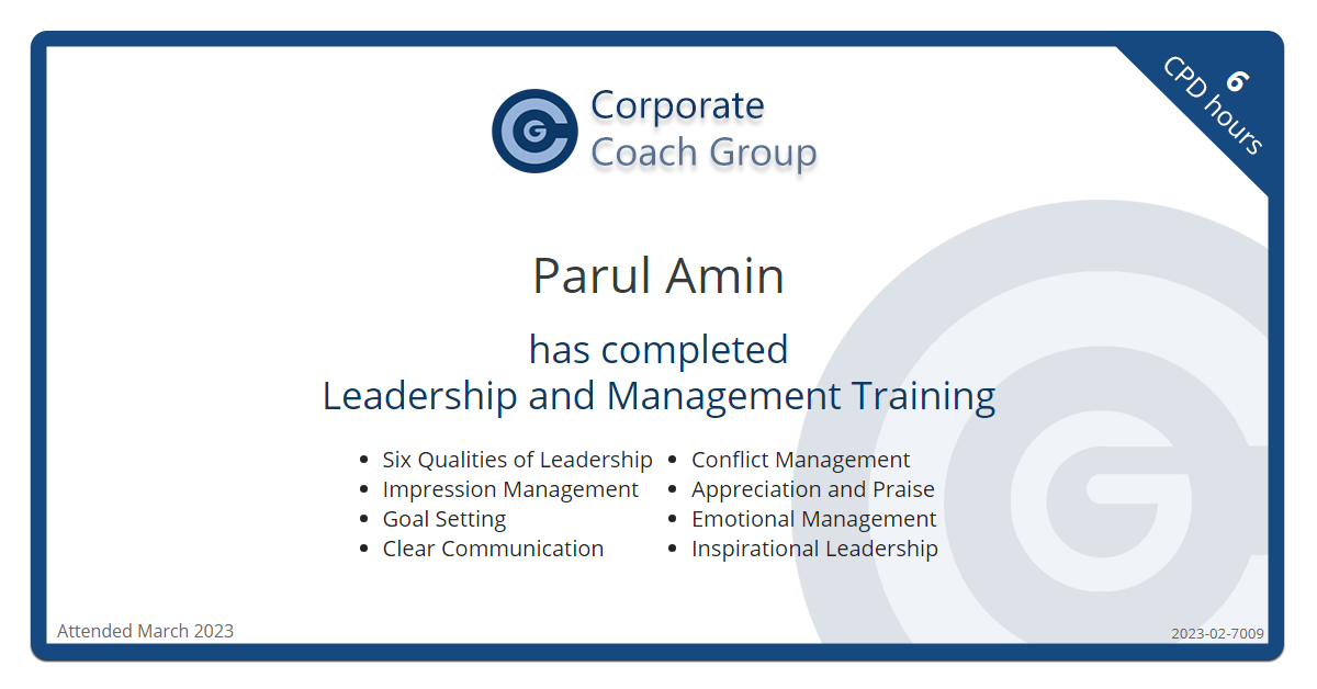 Certificate for Parul Amin  - Leadership and Management Training ~ Empire Bespoke Foods, completed March 2023