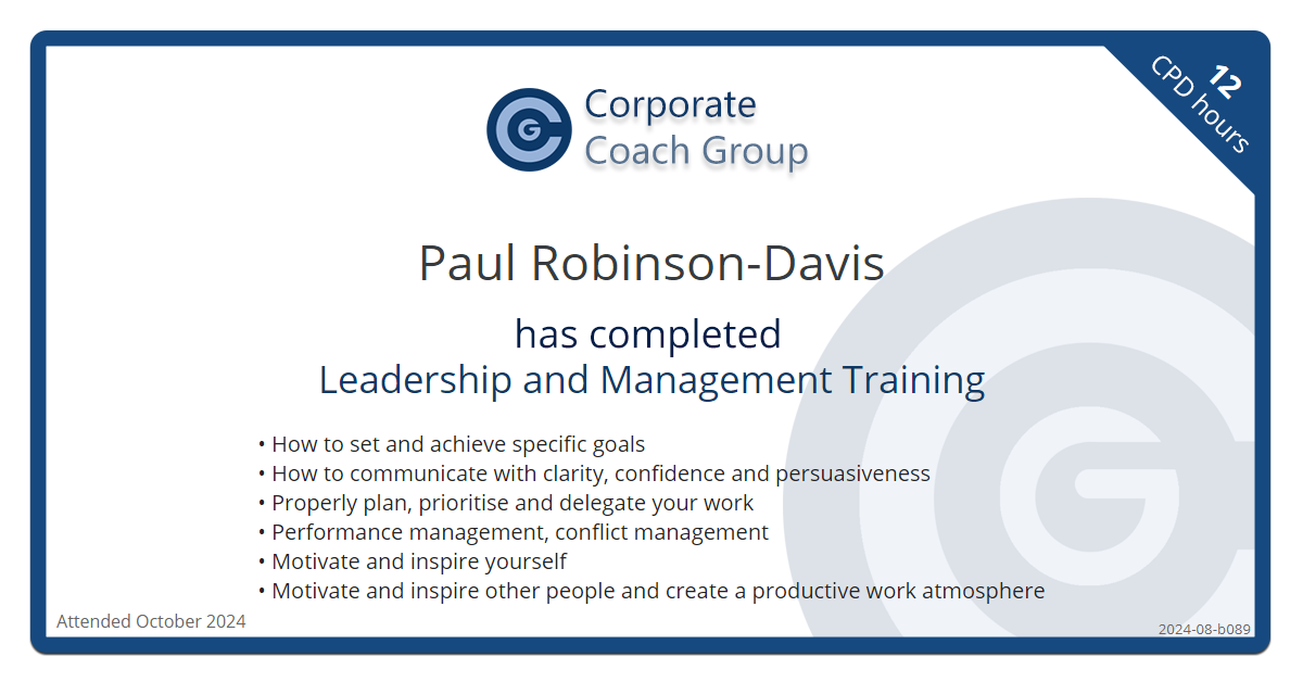 Certificate for Paul Robinson-Davis - Leadership and Management Training, completed October 2024