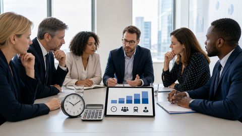 Managers reviewing meeting time, attendee numbers and business cost