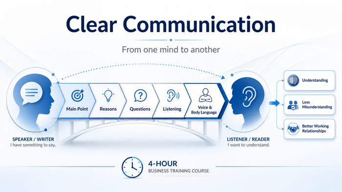 Clear Communication diagram: a Speaker / Writer sends a message across five steps — Main Point, Reasons, Questions, Listening, Voice & Body Language — to a Listener / Reader, resulting in Understanding, Less Misunderstanding, and Better Working Relationships.